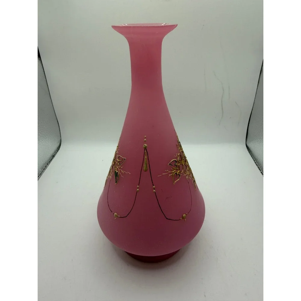 Vintage Pink‎ Satin Frosted Glass Vase Hand Painted Gold Floral Enamel 8.5 Inch